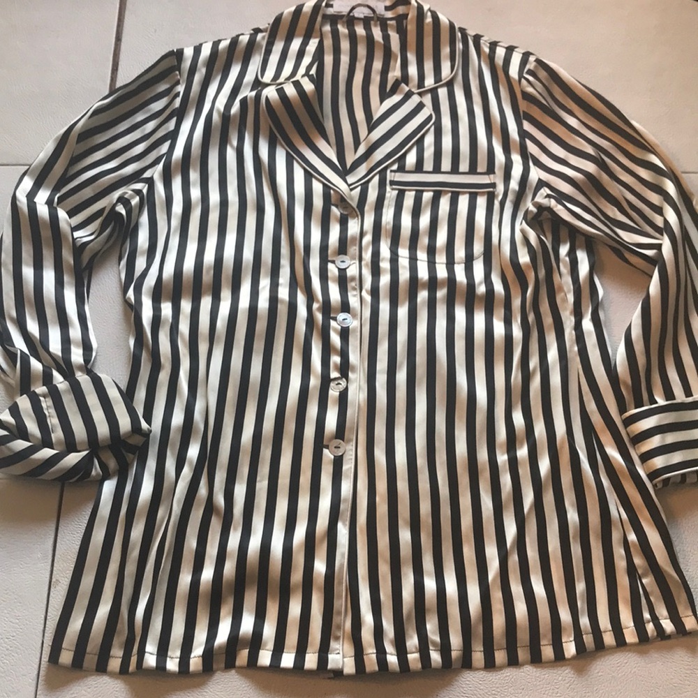 Olivia von Halle Black and White Striped Silk Pajama Top